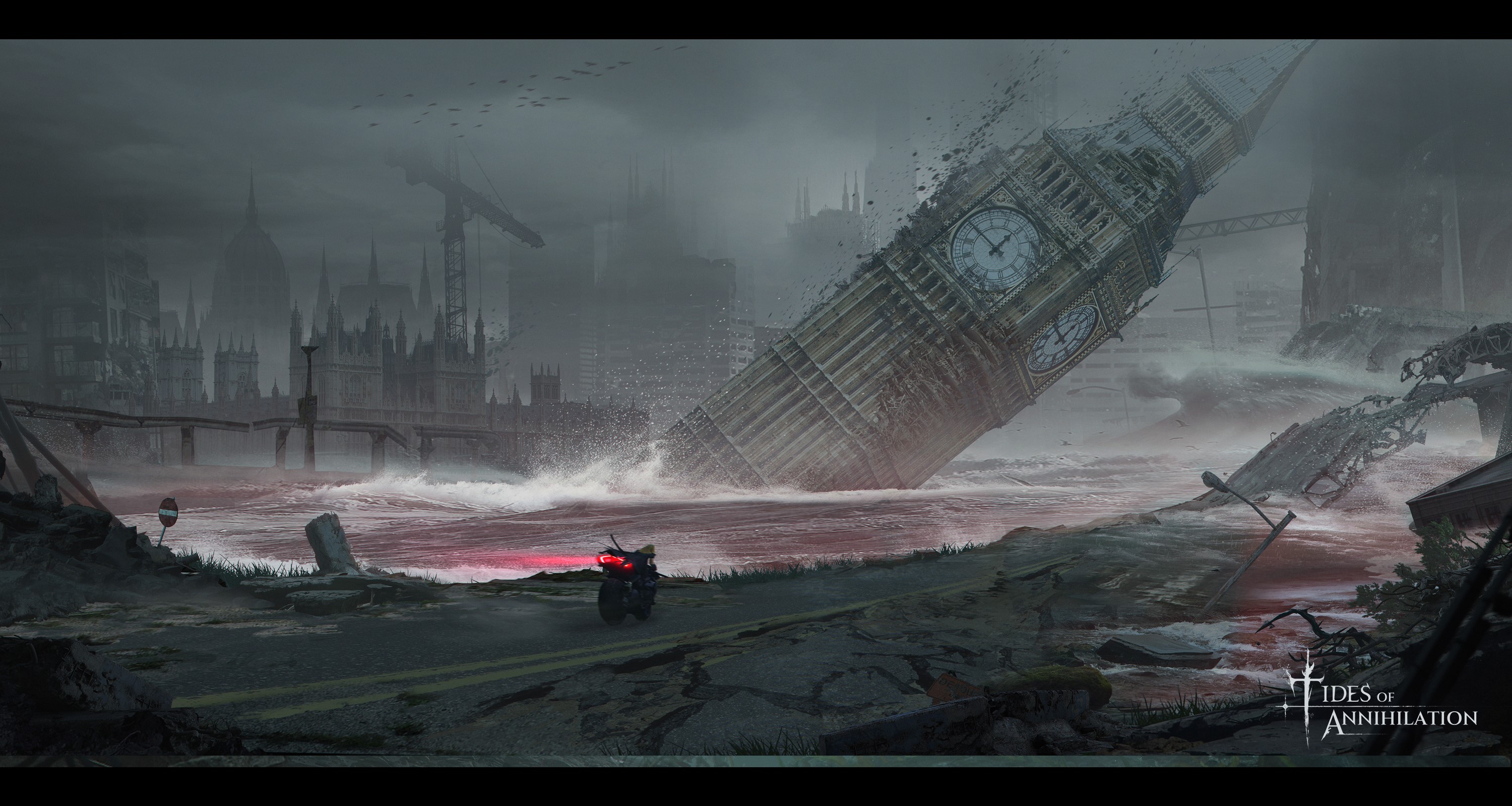 Devastated London with Big Ben collapsed