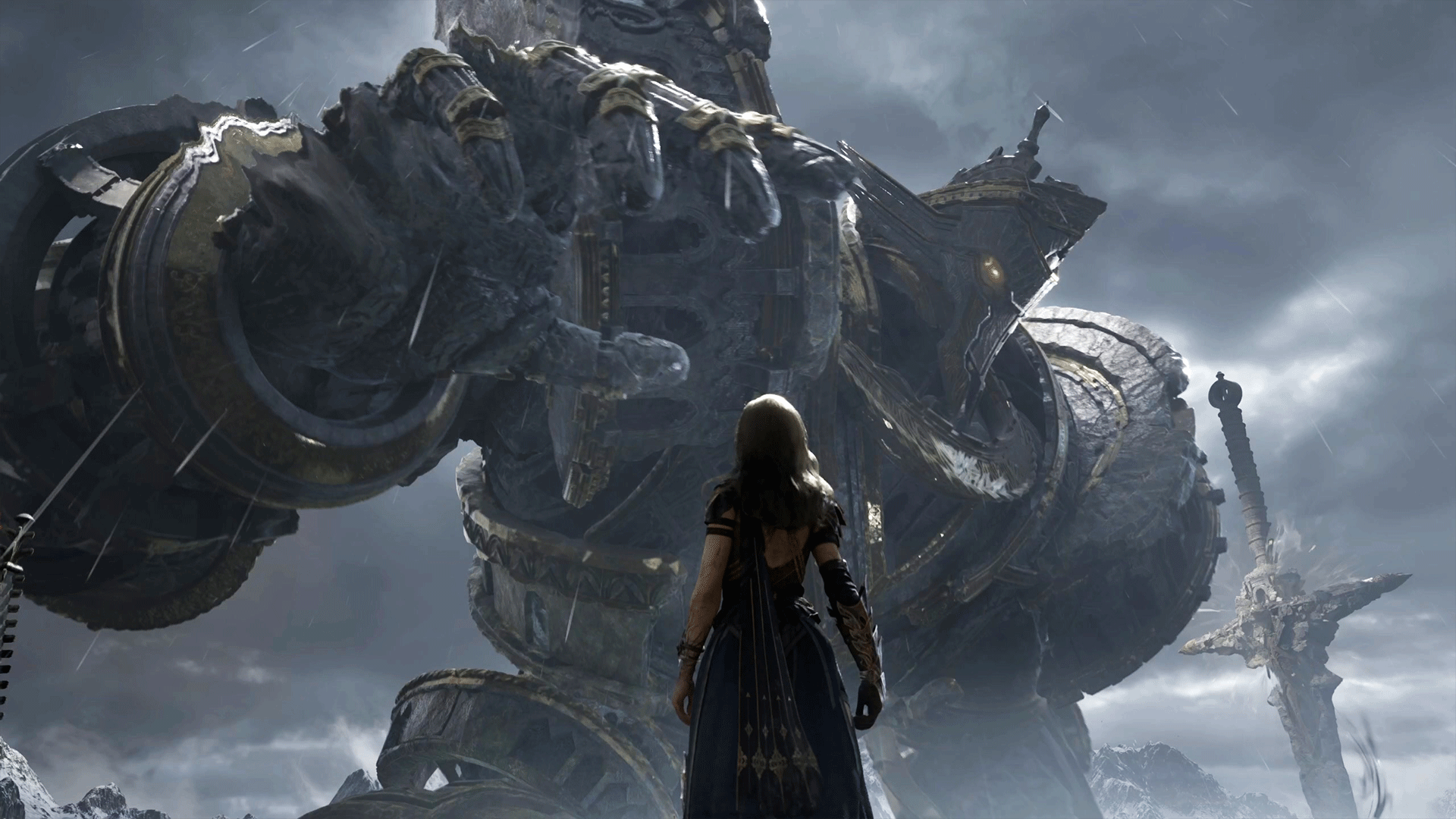 Colossal knight towering over Gwendolyn