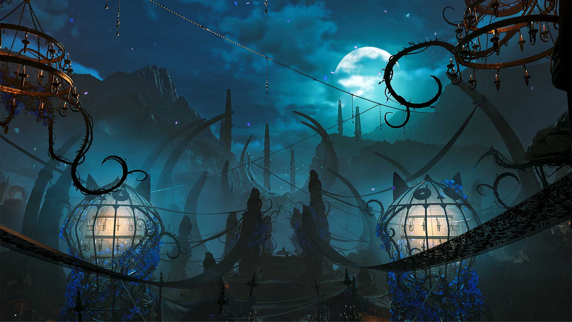 Atmospheric moonlit hub area with Halloween decorations