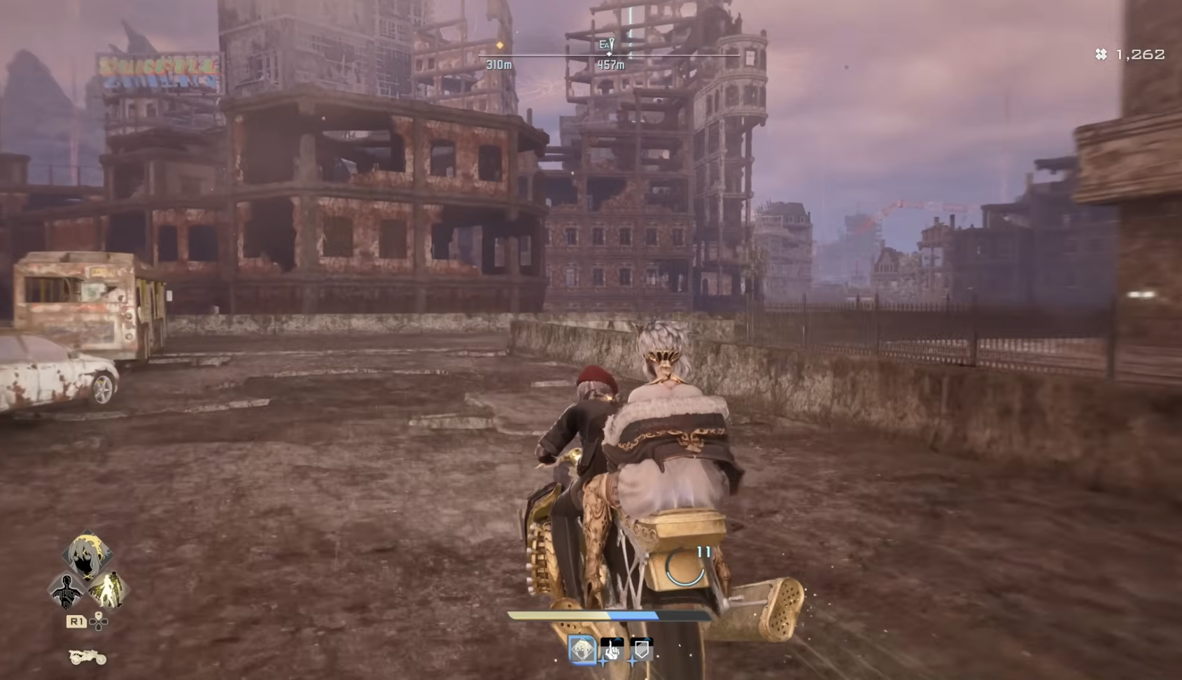 The protagonist explores a ruined cityscape